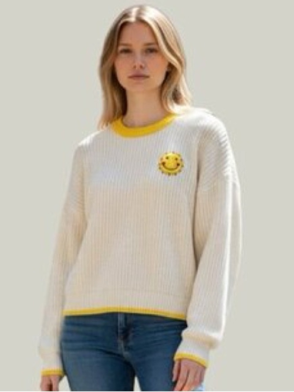 Kerri Rosenthal Cream Crew Neck Sweater with Yellow Trim and Smile Patch - XL